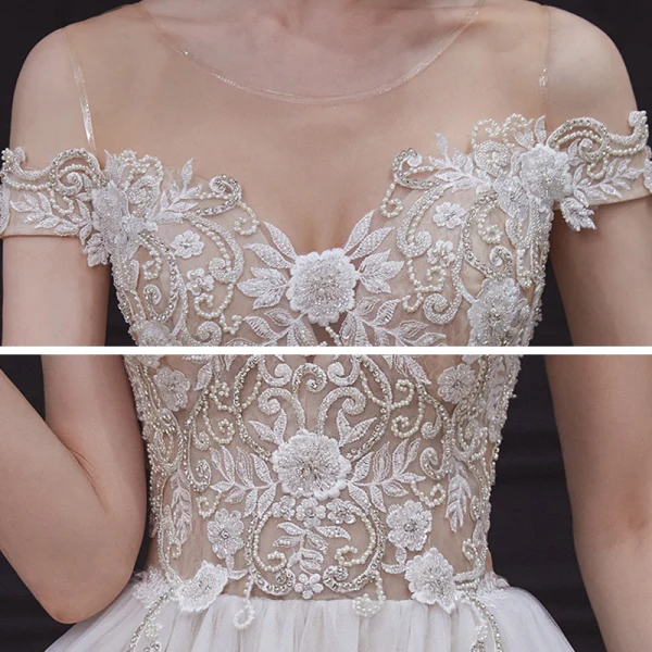 Illusion Champagne Bridal Wedding Dresses 2020 A-Line / Princess See-through Scoop Neck Sleeveless Backless Appliques Lace Beading Court Train Ruffle
