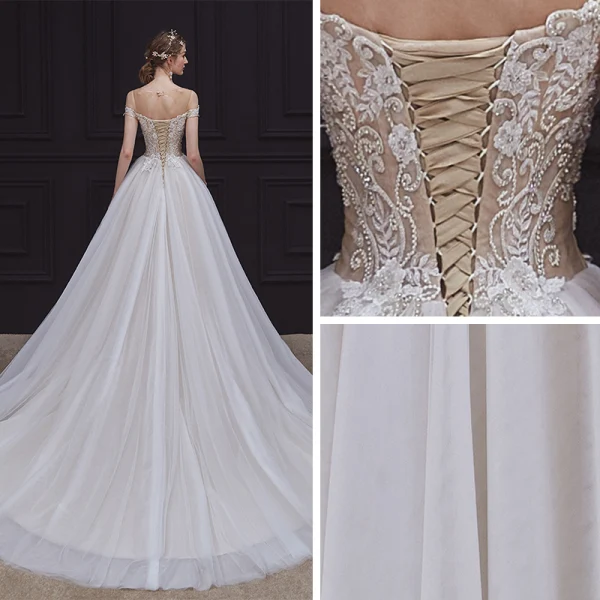 Illusion Champagne Bridal Wedding Dresses 2020 A-Line / Princess See-through Scoop Neck Sleeveless Backless Appliques Lace Beading Court Train Ruffle
