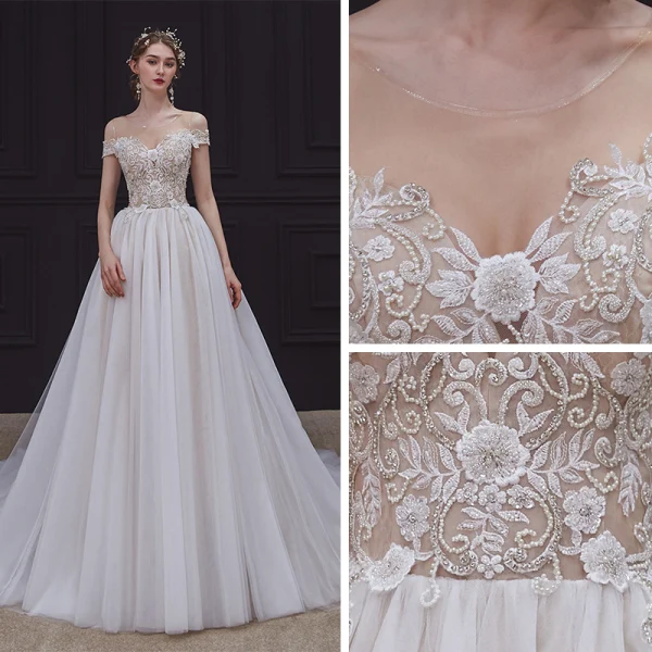 Illusion Champagne Bridal Wedding Dresses 2020 A-Line / Princess See-through Scoop Neck Sleeveless Backless Appliques Lace Beading Court Train Ruffle
