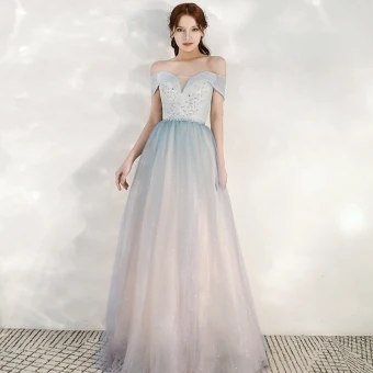 Charming Sky Blue Gradient Color Blushing Pink Evening Dresses 2020 A Line Princess Off The Shoulder Short Sleeve Backless Glitter Tulle Floor Length Long Ruffle Formal Dresses