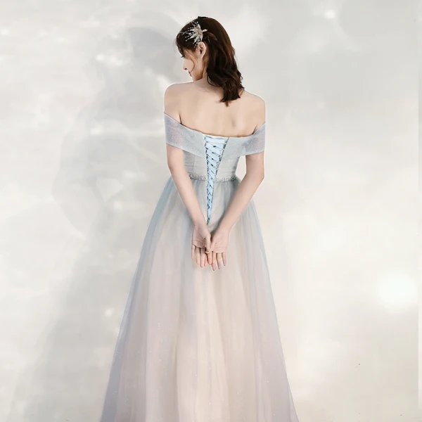 Charmant Bleu Ciel Dégradé De Couleur Rougissant Rose Robe De Soirée 2020 Princesse De l'épaule Manches Courtes Dos Nu Glitter Tulle Longue Volants Robe De Ceremonie