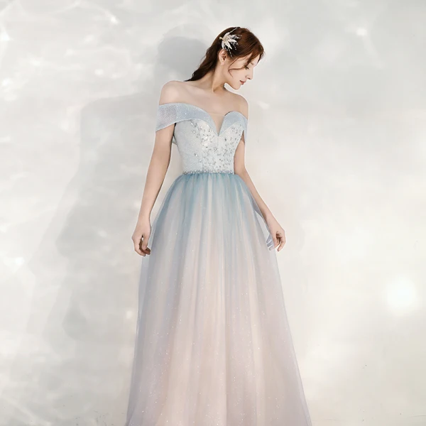 Charmant Bleu Ciel Dégradé De Couleur Rougissant Rose Robe De Soirée 2020 Princesse De l'épaule Manches Courtes Dos Nu Glitter Tulle Longue Volants Robe De Ceremonie