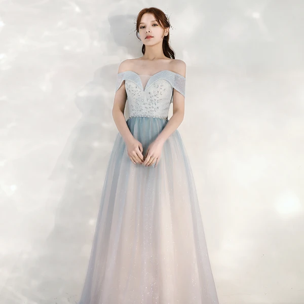Charmant Bleu Ciel Dégradé De Couleur Rougissant Rose Robe De Soirée 2020 Princesse De l'épaule Manches Courtes Dos Nu Glitter Tulle Longue Volants Robe De Ceremonie