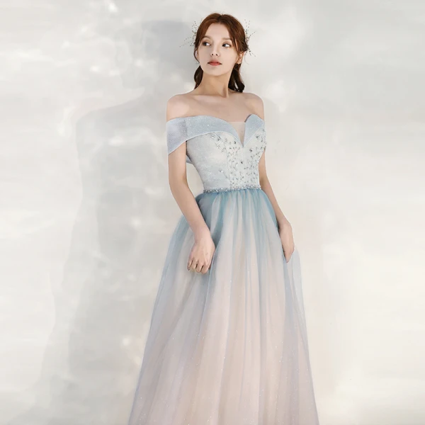Charmant Bleu Ciel Dégradé De Couleur Rougissant Rose Robe De Soirée 2020 Princesse De l'épaule Manches Courtes Dos Nu Glitter Tulle Longue Volants Robe De Ceremonie