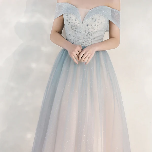 Charmant Bleu Ciel Dégradé De Couleur Rougissant Rose Robe De Soirée 2020 Princesse De l'épaule Manches Courtes Dos Nu Glitter Tulle Longue Volants Robe De Ceremonie