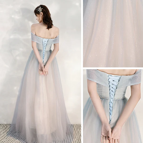 Charmant Bleu Ciel Dégradé De Couleur Rougissant Rose Robe De Soirée 2020 Princesse De l'épaule Manches Courtes Dos Nu Glitter Tulle Longue Volants Robe De Ceremonie