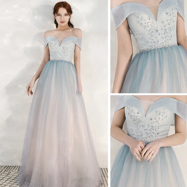 Charmant Bleu Ciel Dégradé De Couleur Rougissant Rose Robe De Soirée 2020 Princesse De l'épaule Manches Courtes Dos Nu Glitter Tulle Longue Volants Robe De Ceremonie