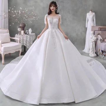Luxury Gorgeous White See Through Bridal Wedding Dresses 2020 Ball Gown Scoop Neck Short Sleeve Beading Tassel Backless Sequins Glitter Tulle Cathedral Train Ruffle