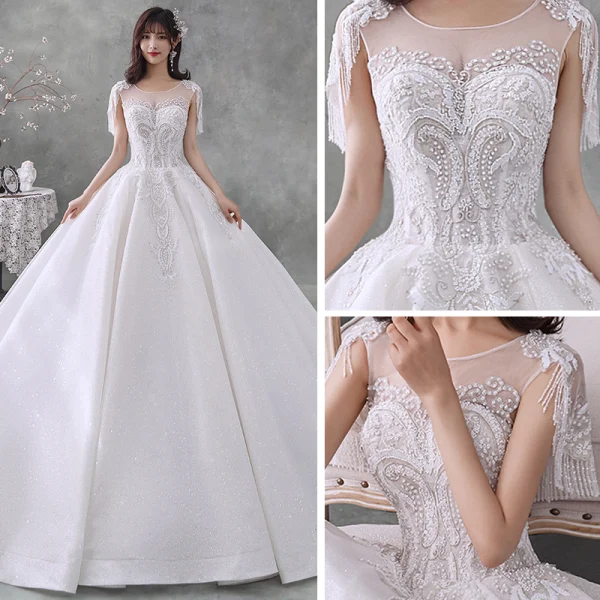 Luxe Blanche Transparentes La Mariée Robe De Mariée 2020 Robe Boule Encolure Dégagée Manches Courtes Perlage Gland Dos Nu Paillettes Glitter Tulle Cathedral Train Volants