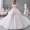 Romantic Champagne Bridal Wedding Dresses 2020 Ball Gown Off-The-Shoulder Short Sleeve Backless Beading Glitter Tulle Cathedral Train Ruffle