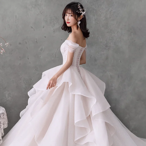 Romantic Champagne Bridal Wedding Dresses 2020 Ball Gown Off-The-Shoulder Short Sleeve Backless Beading Glitter Tulle Cathedral Train Ruffle