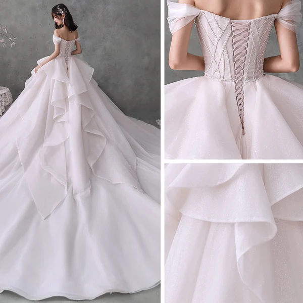 Romantic Champagne Bridal Wedding Dresses 2020 Ball Gown Off-The-Shoulder Short Sleeve Backless Beading Glitter Tulle Cathedral Train Ruffle