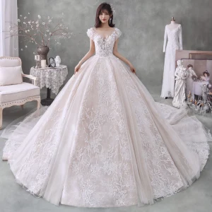 Romantic Champagne Bridal Wedding Dresses 2020 Ball Gown See Through Square Neckline Sleeveless Backless Appliques Lace Beading Glitter Tulle Royal Train