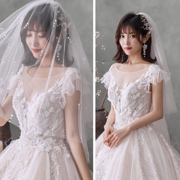 Romantique Champagne La Mariée Robe De Mariée 2020 Robe Boule Transparentes Encolure Carrée Sans Manches Dos Nu Appliques En Dentelle Perlage Glitter Tulle Royal Train