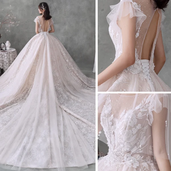 Romantique Champagne La Mariée Robe De Mariée 2020 Robe Boule Transparentes Encolure Carrée Sans Manches Dos Nu Appliques En Dentelle Perlage Glitter Tulle Royal Train