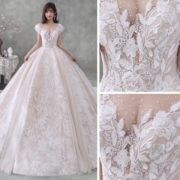 Romantique Champagne La Mariée Robe De Mariée 2020 Robe Boule Transparentes Encolure Carrée Sans Manches Dos Nu Appliques En Dentelle Perlage Glitter Tulle Royal Train