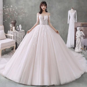 Fabulous Champagne See Through Wedding Dresses 2020 Ball Gown Scoop Neck 3 4 Sleeve Backless Appliques Lace Beading Cathedral Train Ruffle