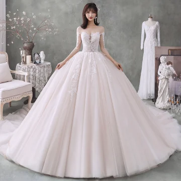 Fantastisk Champagne Genomskinliga Bröllopsklänningar 2020 Balklänning Urringning 3 4 Ärm Halterneck Appliqués Spets Beading Cathedral Train Ruffle
