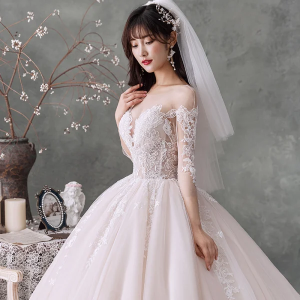 Fabulous Champagne See-through Wedding Dresses 2020 Ball Gown Scoop Neck 3/4 Sleeve Backless Appliques Lace Beading Cathedral Train Ruffle