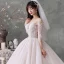 Fabulous Champagne See-through Wedding Dresses 2020 Ball Gown Scoop Neck 3/4 Sleeve Backless Appliques Lace Beading Cathedral Train Ruffle