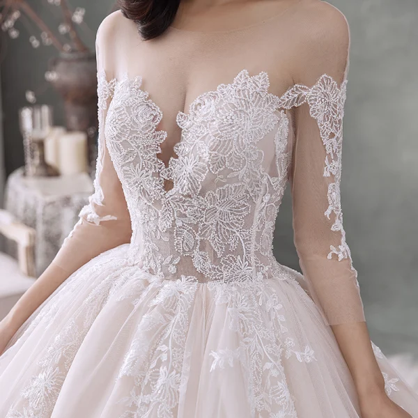 Fabulous Champagne See-through Wedding Dresses 2020 Ball Gown Scoop Neck 3/4 Sleeve Backless Appliques Lace Beading Cathedral Train Ruffle
