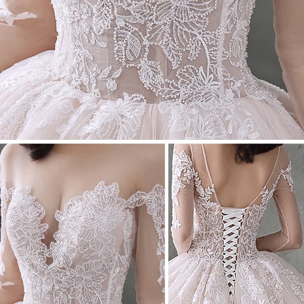 Fabulous Champagne See-through Wedding Dresses 2020 Ball Gown Scoop Neck 3/4 Sleeve Backless Appliques Lace Beading Cathedral Train Ruffle