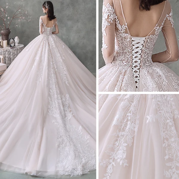 Fabulous Champagne See-through Wedding Dresses 2020 Ball Gown Scoop Neck 3/4 Sleeve Backless Appliques Lace Beading Cathedral Train Ruffle
