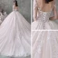 Fabulous Champagne See-through Wedding Dresses 2020 Ball Gown Scoop Neck 3/4 Sleeve Backless Appliques Lace Beading Cathedral Train Ruffle