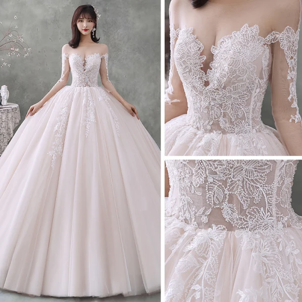 Fabulous Champagne See-through Wedding Dresses 2020 Ball Gown Scoop Neck 3/4 Sleeve Backless Appliques Lace Beading Cathedral Train Ruffle