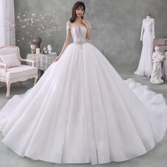 Best White See Through Bridal Wedding Dresses 2020 Ball Gown Scoop Neck Short Sleeve Appliques Flower Beading Rhinestone Cathedral Train