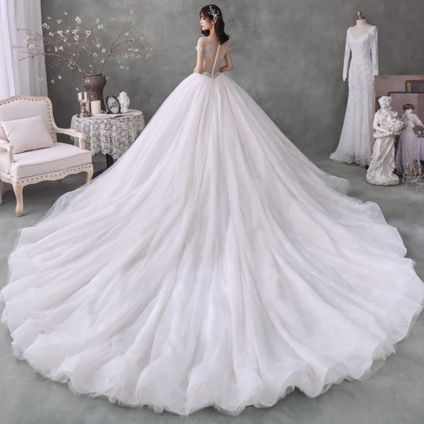 Meilleur Blanche Transparentes La Mariée Robe De Mariée 2020 Robe Boule Encolure Dégagée Manches Courtes Appliques Fleur Perlage Faux Diamant Cathedral Train