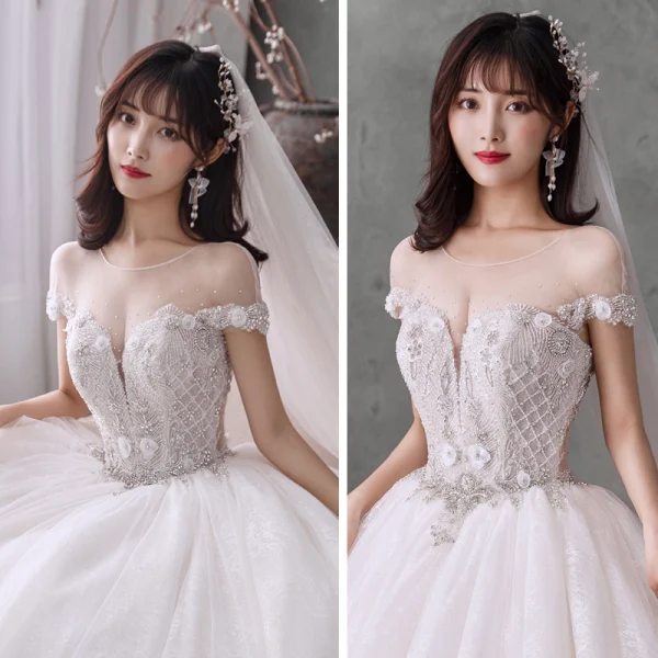 Meilleur Blanche Transparentes La Mariée Robe De Mariée 2020 Robe Boule Encolure Dégagée Manches Courtes Appliques Fleur Perlage Faux Diamant Cathedral Train