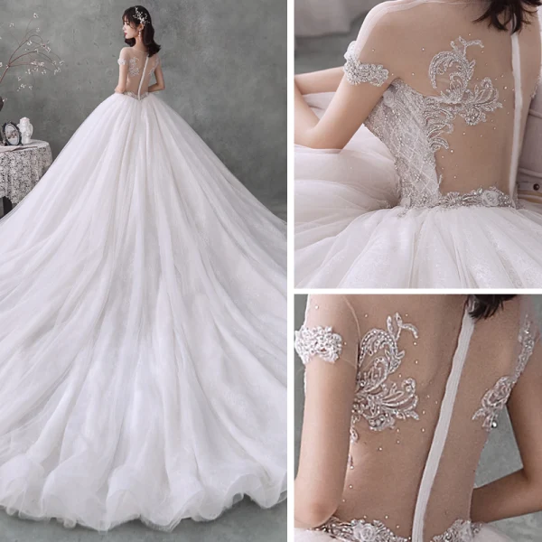 Meilleur Blanche Transparentes La Mariée Robe De Mariée 2020 Robe Boule Encolure Dégagée Manches Courtes Appliques Fleur Perlage Faux Diamant Cathedral Train
