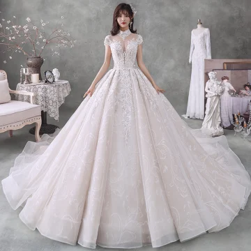 Vintage Originale Champagne Transparentes La Mariée Robe De Mariée 2020 Robe Boule Col Haut Manches Courtes Dos Nu Appliques En Dentelle Perlage Paillettes Cathedral Train Volants