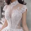 Vintage Champagner Durchsichtige Hochzeits Brautkleider / Hochzeitskleider 2020 Ballkleid Stehkragen Kurze Ärmel Rückenfreies Applikationen Spitze Perlenstickerei Pailletten Kathedrale Schleppe Rüschen