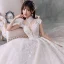 Vintage Champagner Durchsichtige Hochzeits Brautkleider / Hochzeitskleider 2020 Ballkleid Stehkragen Kurze Ärmel Rückenfreies Applikationen Spitze Perlenstickerei Pailletten Kathedrale Schleppe Rüschen