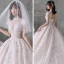 Vintage Champagner Durchsichtige Hochzeits Brautkleider / Hochzeitskleider 2020 Ballkleid Stehkragen Kurze Ärmel Rückenfreies Applikationen Spitze Perlenstickerei Pailletten Kathedrale Schleppe Rüschen