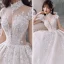 Vintage Champagner Durchsichtige Hochzeits Brautkleider / Hochzeitskleider 2020 Ballkleid Stehkragen Kurze Ärmel Rückenfreies Applikationen Spitze Perlenstickerei Pailletten Kathedrale Schleppe Rüschen
