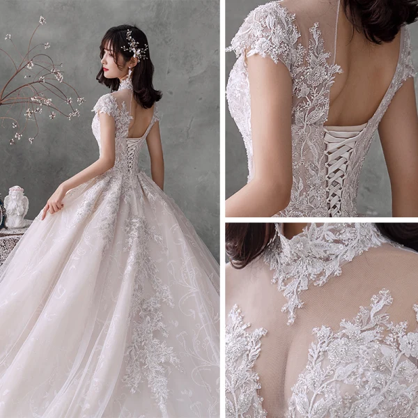 Vintage Champagner Durchsichtige Hochzeits Brautkleider / Hochzeitskleider 2020 Ballkleid Stehkragen Kurze Ärmel Rückenfreies Applikationen Spitze Perlenstickerei Pailletten Kathedrale Schleppe Rüschen