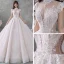 Vintage Champagner Durchsichtige Hochzeits Brautkleider / Hochzeitskleider 2020 Ballkleid Stehkragen Kurze Ärmel Rückenfreies Applikationen Spitze Perlenstickerei Pailletten Kathedrale Schleppe Rüschen