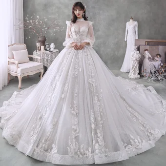 Victorian Style Ivory Bridal Wedding Dresses 2020 Ball Gown See Through High Neck Puffy Long Sleeve Backless Appliques Lace Beading Pearl Glitter Tulle Cathedral Train Ruffle