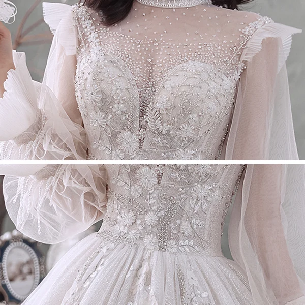 Style Victorien Ivoire La Mariée Robe De Mariée 2020 Robe Boule Transparentes Col Haut Gonflée Manches Longues Dos Nu Appliques En Dentelle Perlage Perle Glitter Tulle Cathedral Train Volants