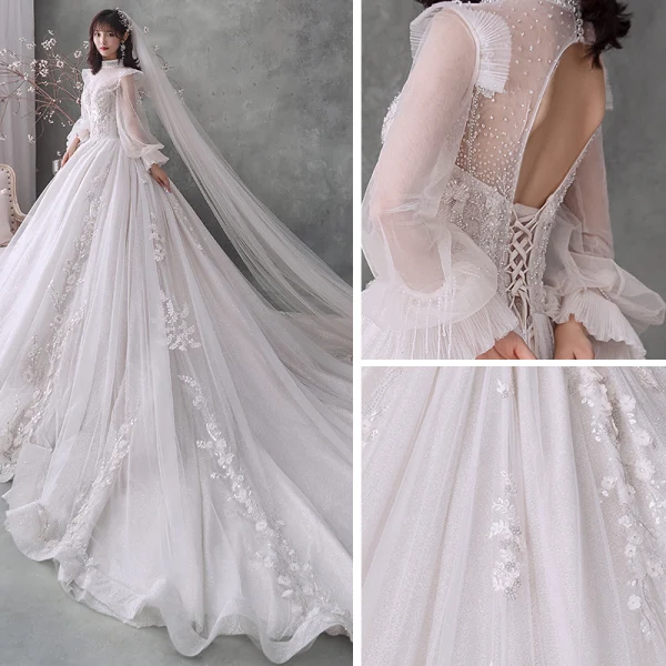 Style Victorien Ivoire La Mariée Robe De Mariée 2020 Robe Boule Transparentes Col Haut Gonflée Manches Longues Dos Nu Appliques En Dentelle Perlage Perle Glitter Tulle Cathedral Train Volants
