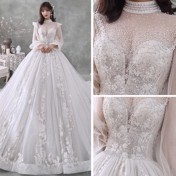 Style Victorien Ivoire La Mariée Robe De Mariée 2020 Robe Boule Transparentes Col Haut Gonflée Manches Longues Dos Nu Appliques En Dentelle Perlage Perle Glitter Tulle Cathedral Train Volants