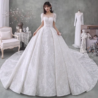 Victorian Style Ivory Bridal Wedding Dresses 2020 Ball Gown See Through Scoop Neck Puffy Short Sleeve Backless Beading Tassel Glitter Tulle Cathedral Train Ruffle
