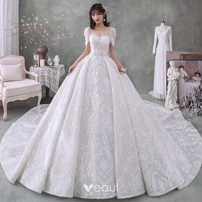 Victorian Style Ivory Bridal Wedding Dresses 2020 Ball Gown See-through Scoop Neck Puffy Short Sleeve Backless Beading Tassel Glitter Tulle Cathedral Victorian Style Ivory Bridal Wedding Dresses 2020 Ball Gown See-through Scoop Neck Puffy Short Sleeve Backless Beading Tassel Glitter Tulle Cathedral