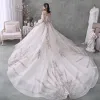 Victorian Style Champagne Bridal Wedding Dresses 2020 Ball Gown Sweetheart Detachable Puffy Long Sleeve Backless Beading Appliques Sequins Cathedral Train
