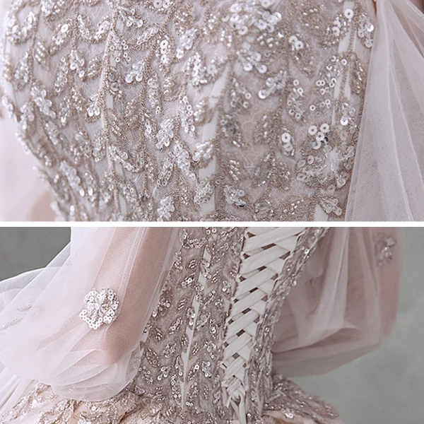 Viktoriansk Stil Champagne Bryllups Brudekjoler 2020 Ballkjole Kjæreste Avtakbar Puffy Langermede Ryggløse Beading Appliques Paljetter Cathedral Train