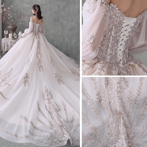 Viktoriansk Stil Champagne Bryllups Brudekjoler 2020 Ballkjole Kjæreste Avtakbar Puffy Langermede Ryggløse Beading Appliques Paljetter Cathedral Train