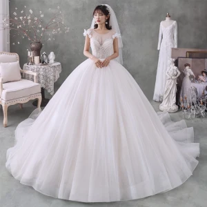 Best Ivory Bridal Wedding Dresses 2020 Ball Gown See Through Scoop Neck Short Sleeve Appliques Flower Backless Beading Glitter Tulle Chapel Train